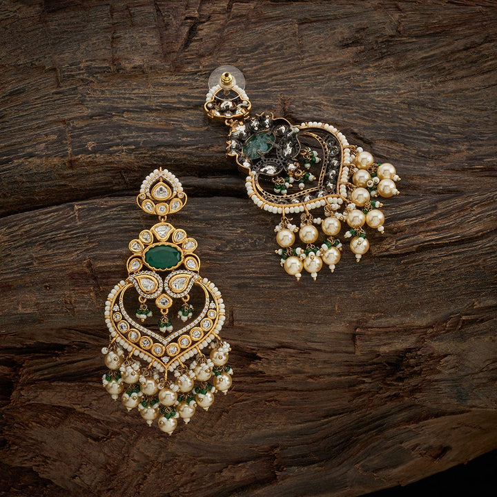 Victorian Kundan Earrings with Oval Green Stone, White Stones and Pearls Danglings