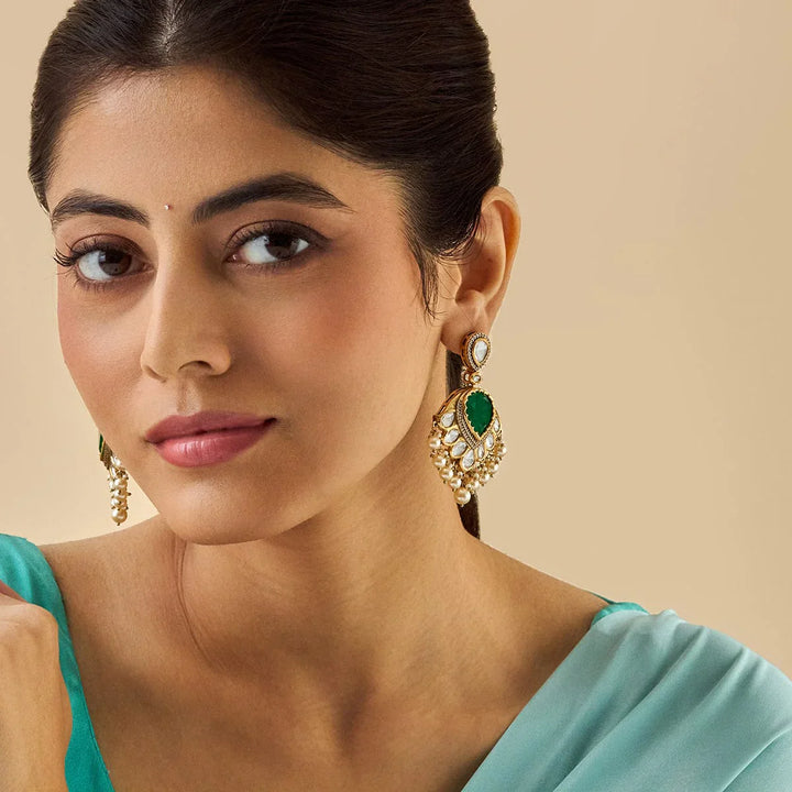 Gold Plated Kundan Teardrop Earrings with Green Stone and Dangling Pearls