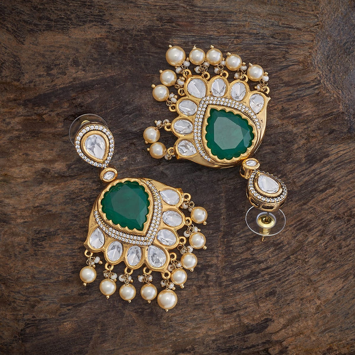 Gold Plated Kundan Teardrop Earrings with Green Stone and Dangling Pearls