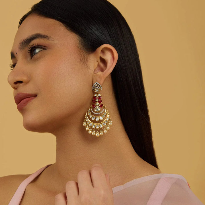 Gold-Plated Kundan Chandbali Earrings with White Stones and Dangling Pearls