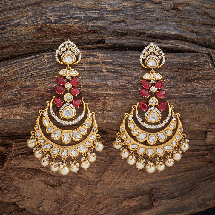 Gold-Plated Kundan Chandbali Earrings with White Stones and Dangling Pearls