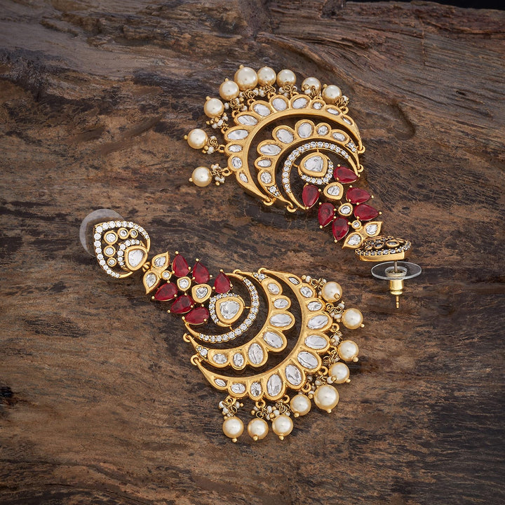 Gold-Plated Kundan Chandbali Earrings with White Stones and Dangling Pearls