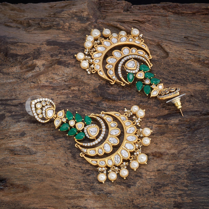 Gold-Plated Kundan Chandbali Earrings with White Stones and Dangling Pearls