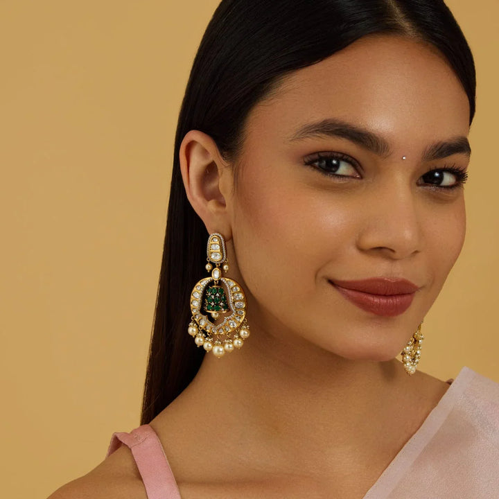 Elegant Gold-Tone Kundan Jhumka-Style Earrings with Green Detailing and Pearl Drops