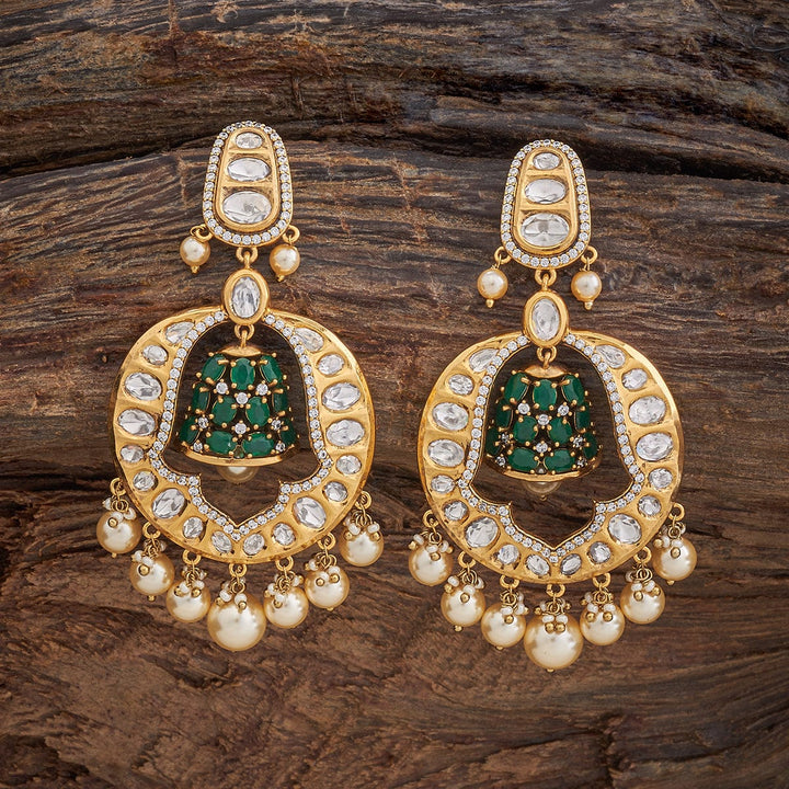 Elegant Gold-Tone Kundan Jhumka-Style Earrings with Green Detailing and Pearl Drops
