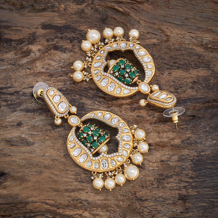Elegant Gold-Tone Kundan Jhumka-Style Earrings with Green Detailing and Pearl Drops