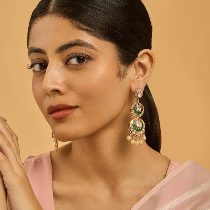 Elegant Gold-Tone Kundan Circle Drop Earrings with White Stones and Dangling Pearls