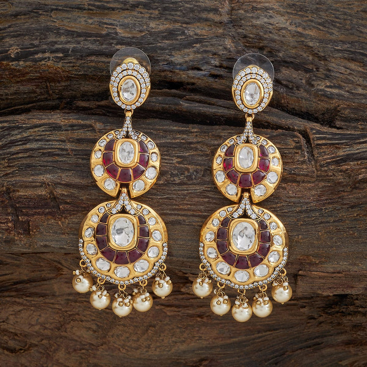 Elegant Gold-Tone Kundan Circle Drop Earrings with White Stones and Dangling Pearls