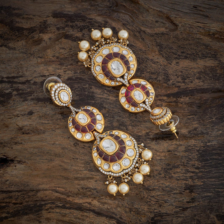 Elegant Gold-Tone Kundan Circle Drop Earrings with White Stones and Dangling Pearls