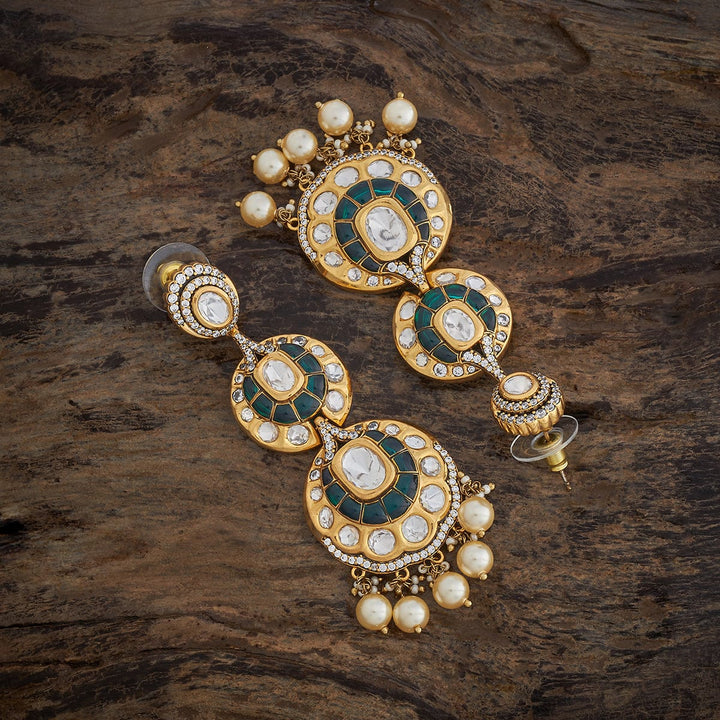 Elegant Gold-Tone Kundan Circle Drop Earrings with White Stones and Dangling Pearls