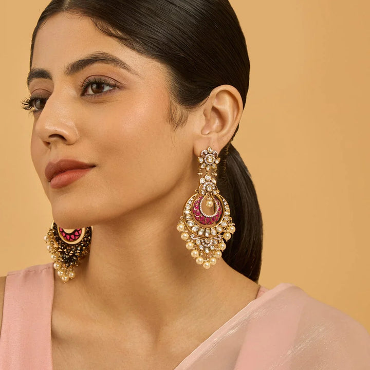 Ornate Gold-Plated Kundan Earrings with Intricate Polki Work and Dangling Pearls