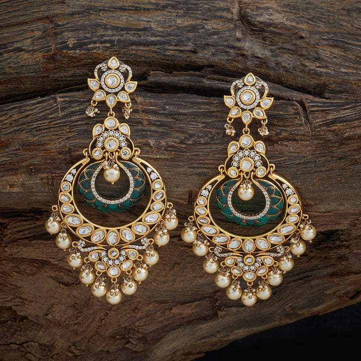 Ornate Gold-Plated Kundan Earrings with Intricate Polki Work and Dangling Pearls