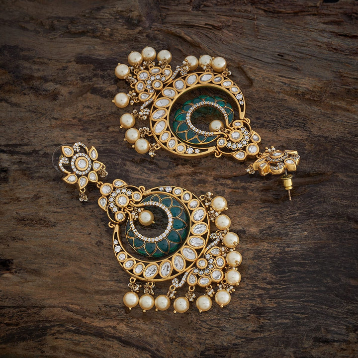 Ornate Gold-Plated Kundan Earrings with Intricate Polki Work and Dangling Pearls