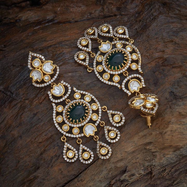 Ornate Gold-Tone Earrings with Victorian Kundan Design and Teardrop Stone Details