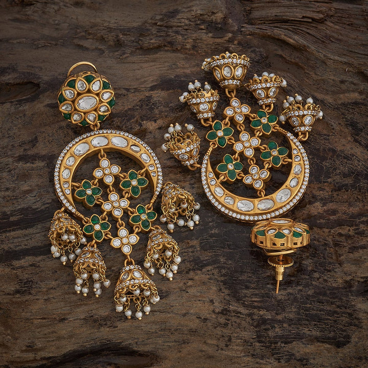 Gold-Plated Victorian-Inspired Kundan Jhumkas Earrings with Green Accents and Floral Design