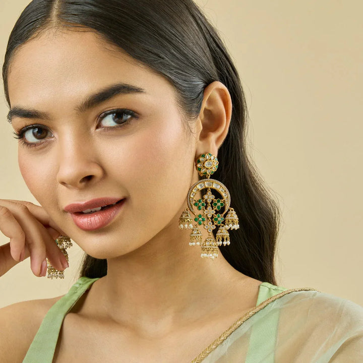 Gold-Plated Victorian-Inspired Kundan Jhumkas Earrings with Green Accents and Floral Design