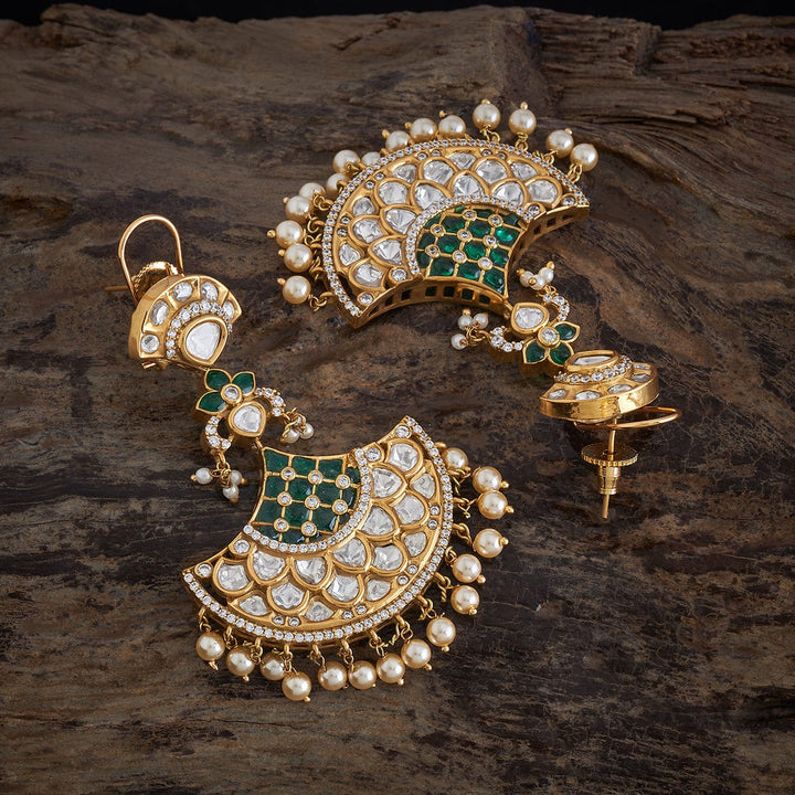 Half-Moon Polki Kundan Earrings with Emerald and Dangling Pearls