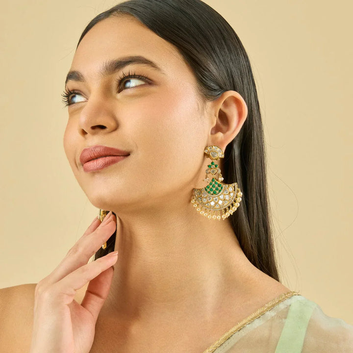 Half-Moon Polki Kundan Earrings with Emerald and Dangling Pearls