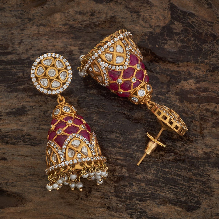 Gold-Plated Traditional Kundan Jhumkas with Stone Detailing and Dangling Pearls