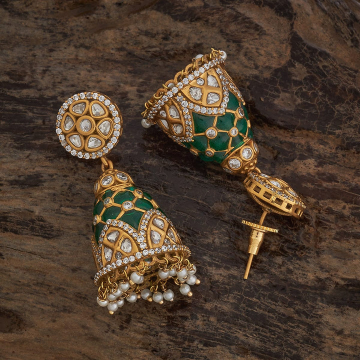 Gold-Plated Traditional Kundan Jhumkas with Stone Detailing and Dangling Pearls