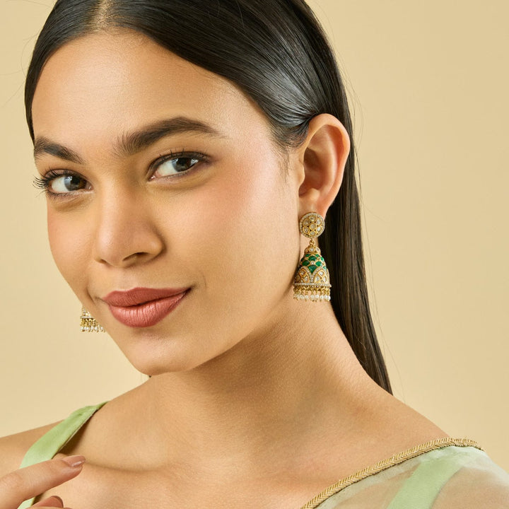 Gold-Plated Traditional Kundan Jhumkas with Stone Detailing and Dangling Pearls