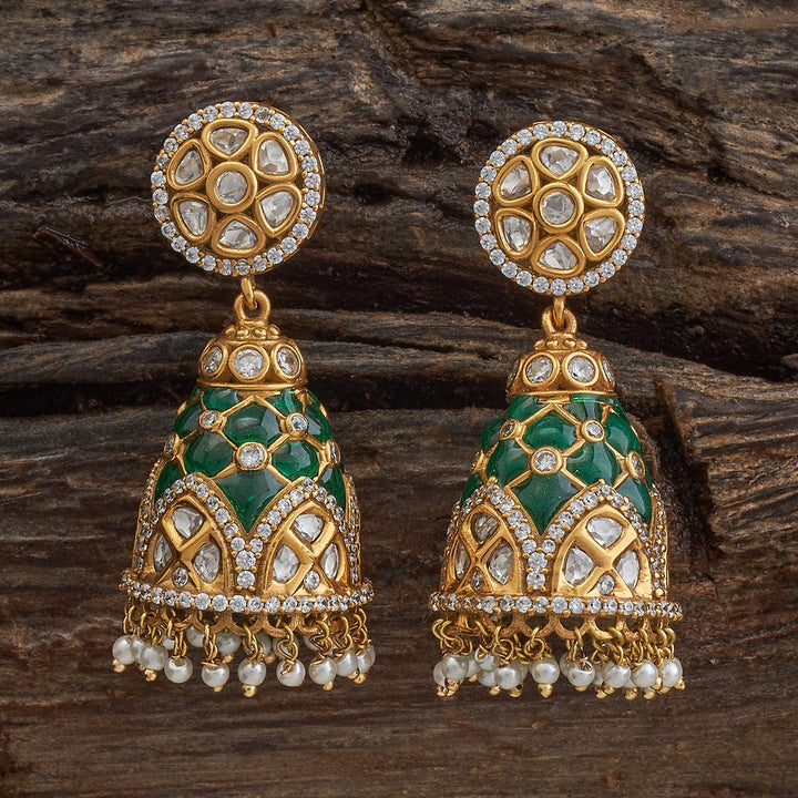 Gold-Plated Traditional Kundan Jhumkas with Stone Detailing and Dangling Pearls