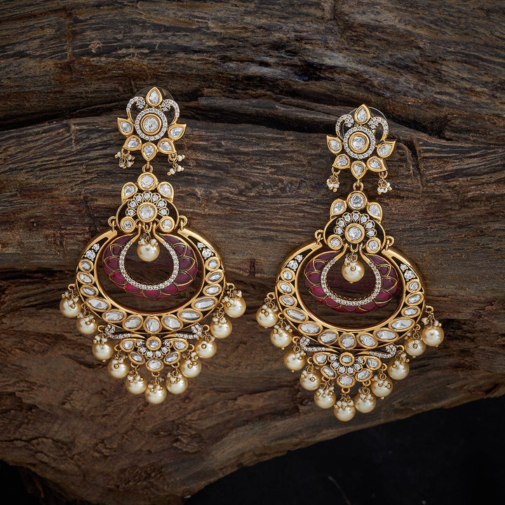 Ornate Gold-Plated Kundan Earrings with Intricate Polki Work and Dangling Pearls