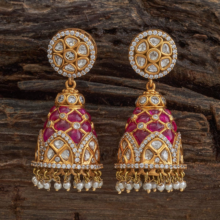 Gold-Plated Traditional Kundan Jhumkas with Stone Detailing and Dangling Pearls