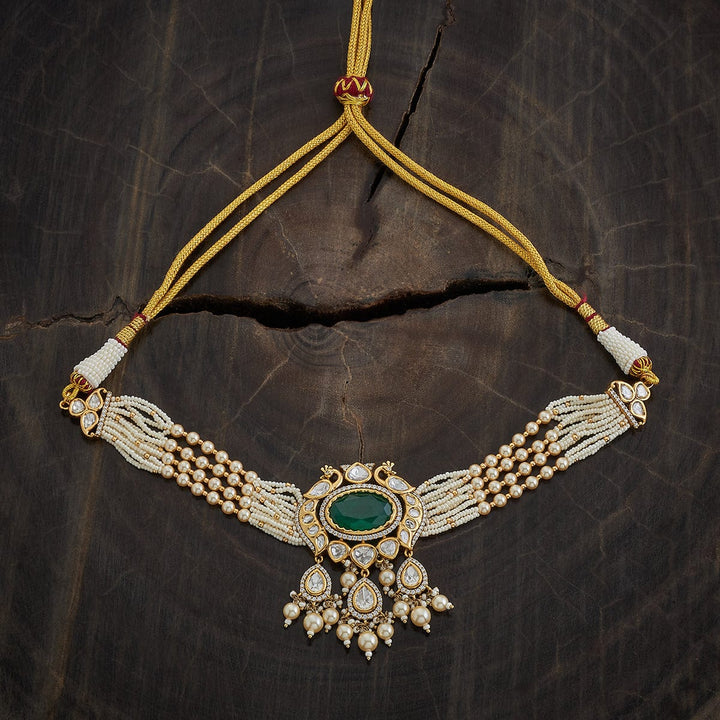 Multistrand Pearl and Kundan Necklace with Emerald Stone and CZ Details