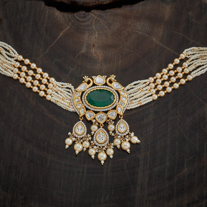 Multistrand Pearl and Kundan Necklace with Emerald Stone and CZ Details