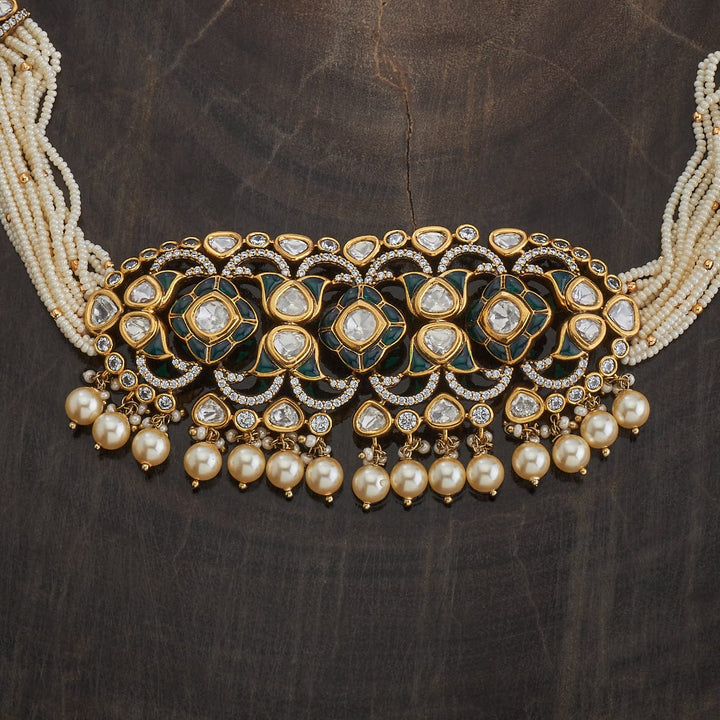 Multistrand Pearl and Kundan Choker Necklace Set with Dangling Beads