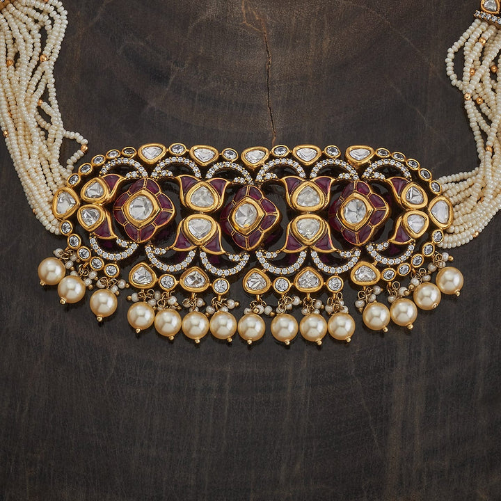 Multistrand Pearl and Kundan Choker Necklace Set with Dangling Beads