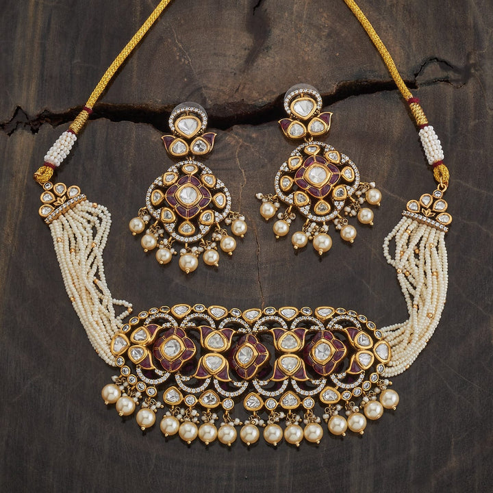 Multistrand Pearl and Kundan Choker Necklace Set with Dangling Beads