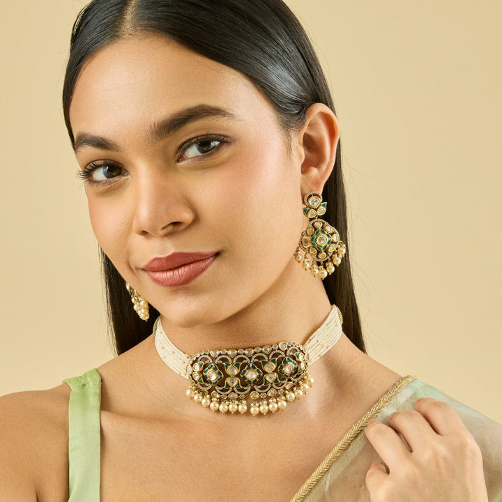 Multistrand Pearl and Kundan Choker Necklace Set with Dangling Beads