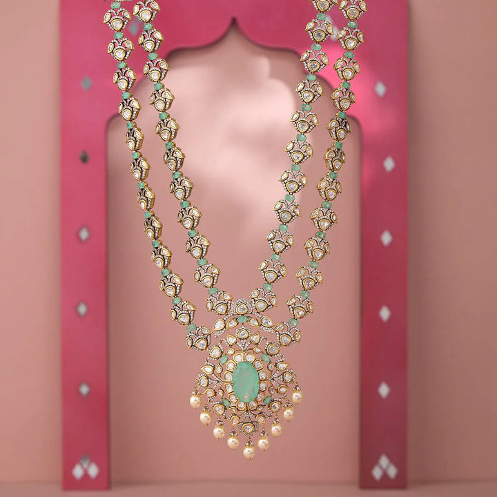 Mint Green Victorian-Inspired Layered and Polki Necklace with Pearl Drops