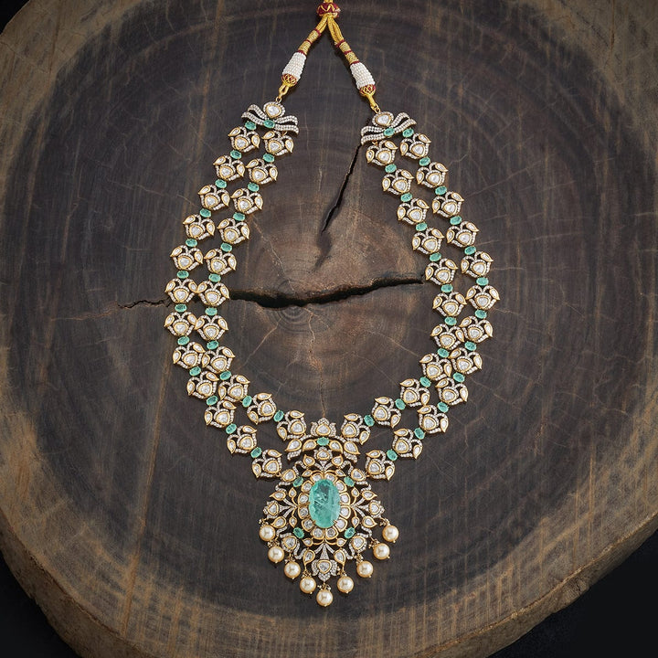 Mint Green Victorian-Inspired Layered and Polki Necklace with Pearl Drops