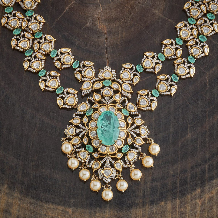Mint Green Victorian-Inspired Layered and Polki Necklace with Pearl Drops