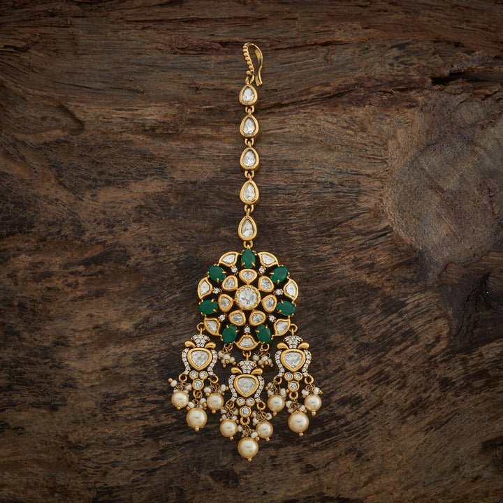 Bridal Kundan Floral Tikka Victorian polish With Green stone