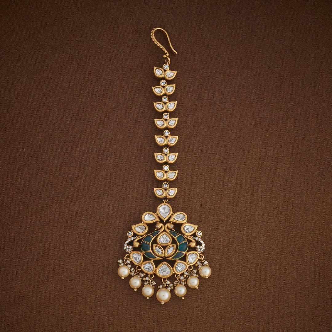 Bridal Kundan Twin Peacock Tikka Victorian polish With Green stone