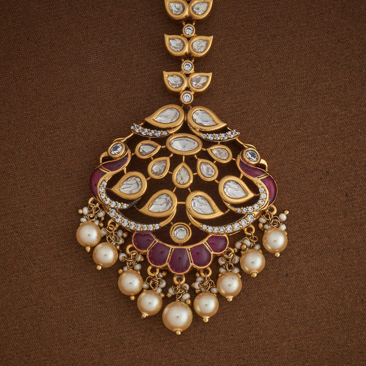 Bridal Kundan Twin Peacock Tikka Victorian polish With Pink stone