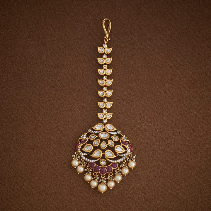 Bridal Kundan Twin Peacock Tikka Victorian polish With Pink stone