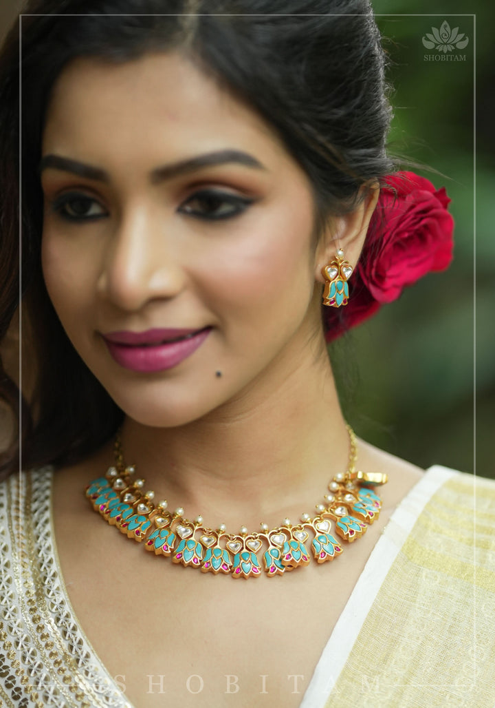Grayish Teal Falling Lotus Design Falling Lotus design Jadau Necklace Set