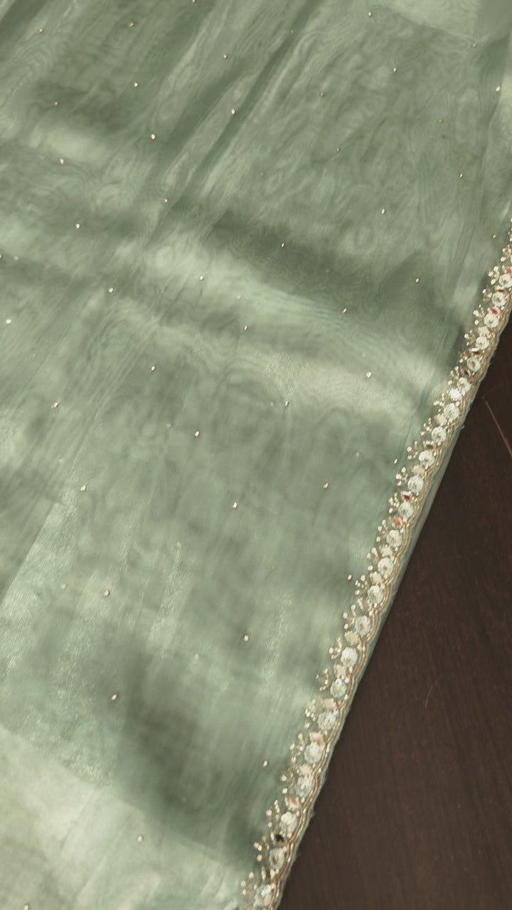 Powder Blue Tissue Saree with sequins, cutdana, mirror work and scalloped Borders