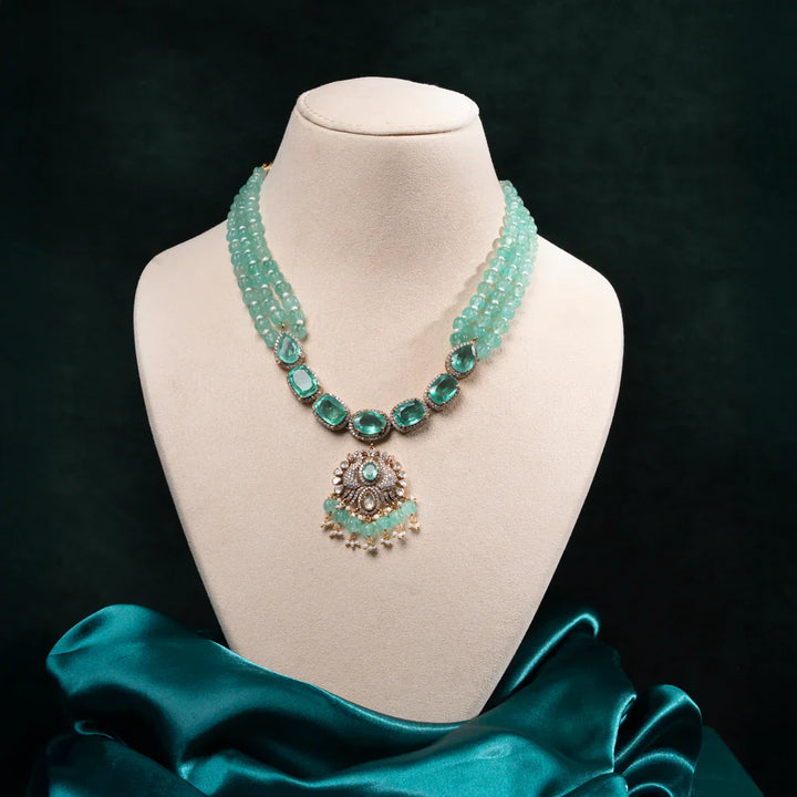 92.5 Silver, Gold Plated Garden of Grace Long Necklace with Peacocks, Emeralds, CZ stones, and Moissanite