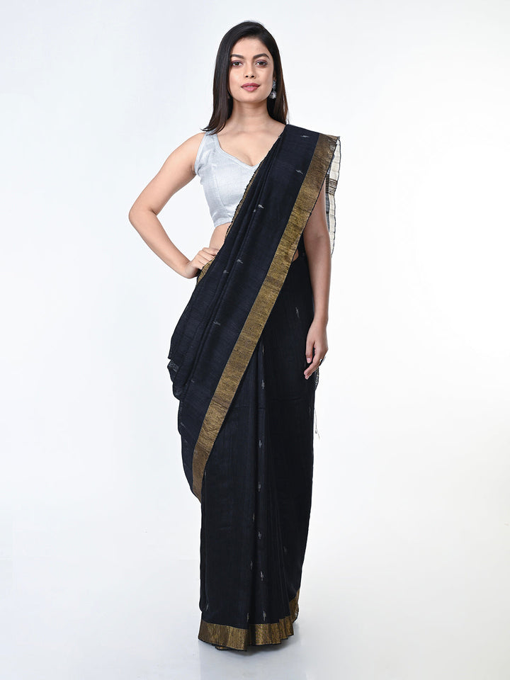 Black Jamdani Silk Saree with Minimal Zari Border