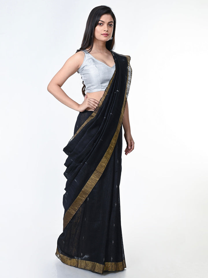 Black Jamdani Silk Saree with Minimal Zari Border