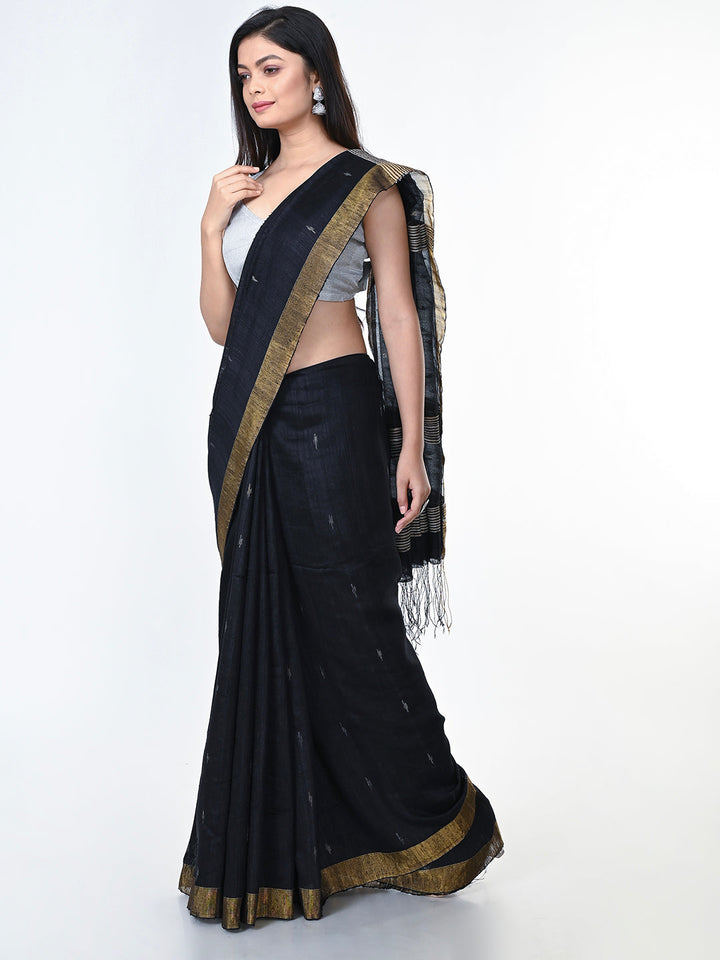 Black Jamdani Silk Saree with Minimal Zari Border