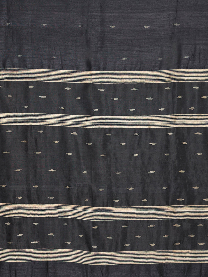 Black Jamdani Silk Saree with Minimal Zari Border