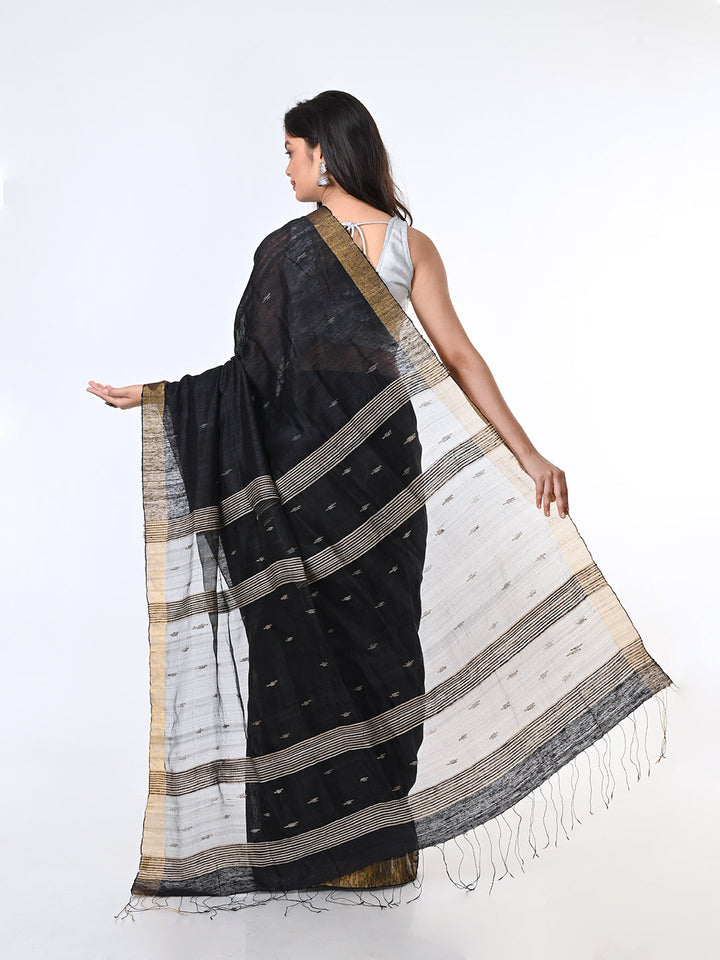 Black Jamdani Silk Saree with Minimal Zari Border