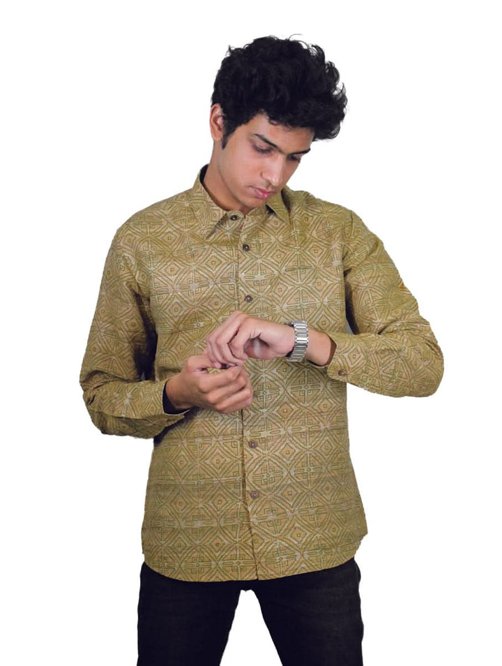 Men's Shirt in Pure Gicha Tussar in Khahi color with Hand Block Print | SILK MARK  CERTIFIED